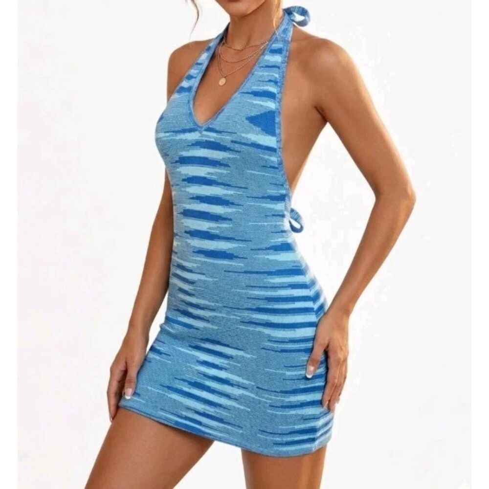 Knit V Neck Mini Halter Dress Size Large Blue Lagoon Sexy Backless Bodycon Beach